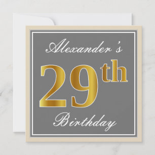 Elegant, Gray, Faux Gold 29th Birthday + Name Invitation