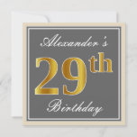 [ Thumbnail: Elegant, Gray, Faux Gold 29th Birthday + Name Invitation ]