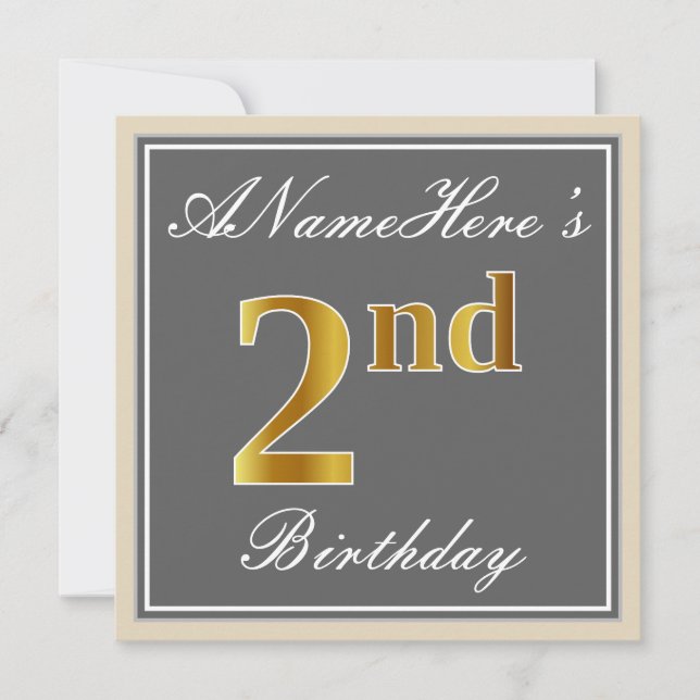 Elegant, Gray, Faux Gold 2nd Birthday; Custom Name Invitation (Front)