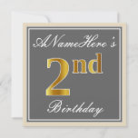 [ Thumbnail: Elegant, Gray, Faux Gold 2nd Birthday; Custom Name Invitation ]
