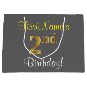 Elegant, Gray, Faux Gold 2nd Birthday; Custom Name Large Gift Bag