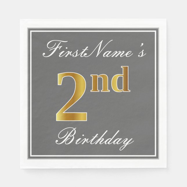 Elegant Gray, Faux Gold 2nd Birthday + Custom Name Paper Napkins (Front)