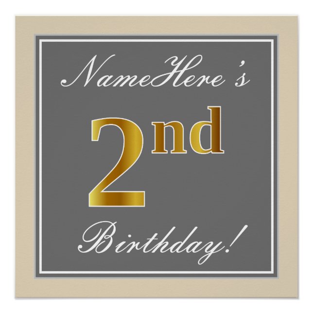 Elegant, Gray, Faux Gold 2nd Birthday; Custom Name Poster (Front)