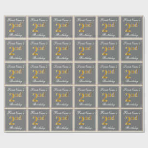 Elegant, Gray, Faux Gold 2nd Birthday; Custom Name Wrapping Paper