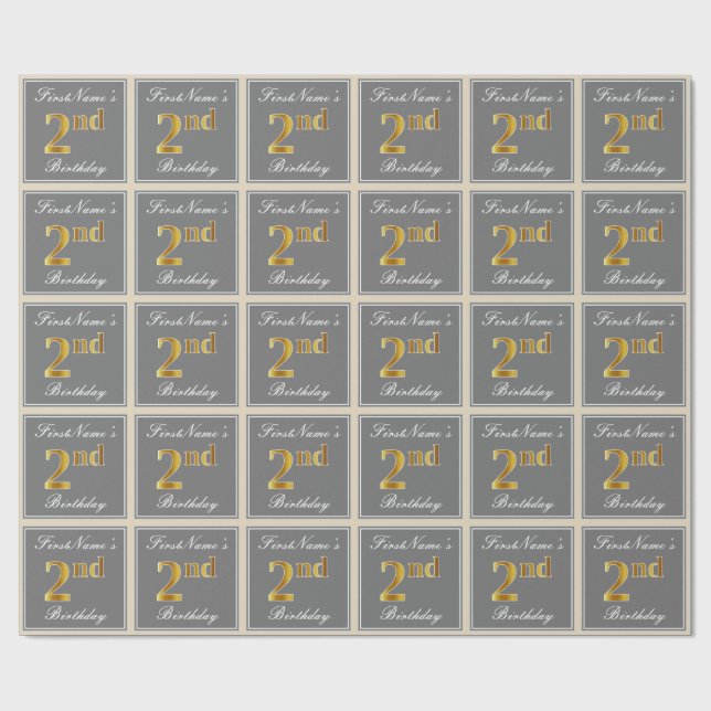 Elegant, Gray, Faux Gold 2nd Birthday; Custom Name Wrapping Paper (Flat)