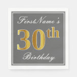 [ Thumbnail: Elegant Gray, Faux Gold 30th Birthday; Custom Name Napkins ]