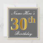 [ Thumbnail: Elegant, Gray, Faux Gold 30th Birthday + Name Invitation ]