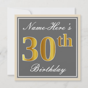 Elegant, Gray, Faux Gold 30th Birthday + Name Invitation