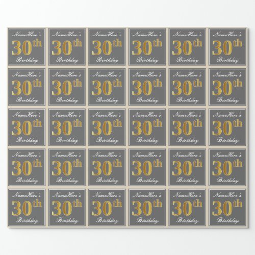 Elegant Gray Faux Gold 30th Birthday  Name Wrapping Paper