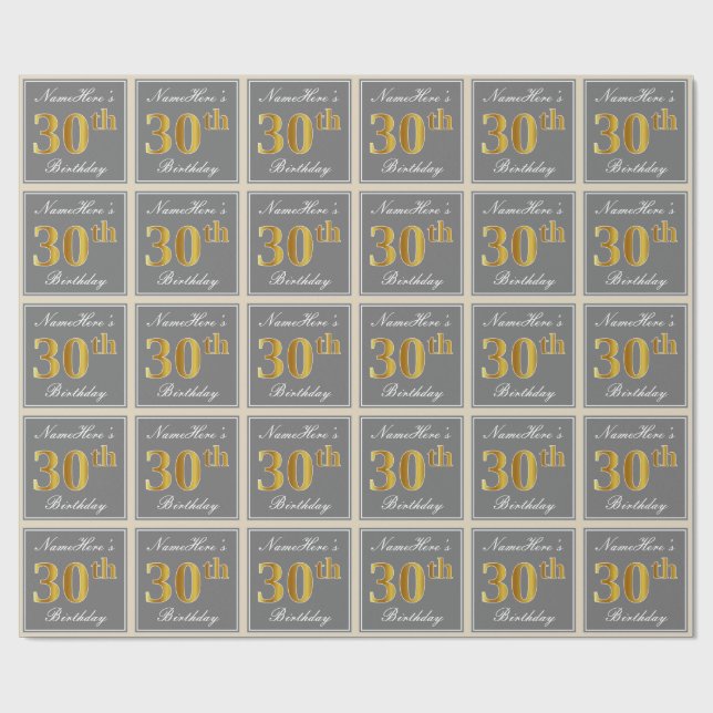 Elegant, Gray, Faux Gold 30th Birthday + Name Wrapping Paper (Flat)