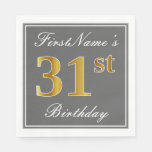 [ Thumbnail: Elegant Gray, Faux Gold 31st Birthday; Custom Name Napkins ]