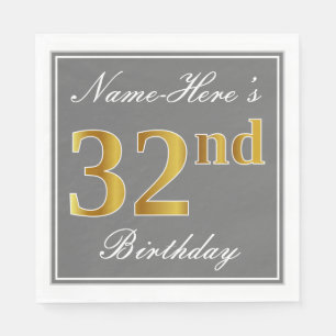 Elegant Gray, Faux Gold 32nd Birthday; Custom Name Napkins