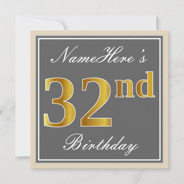 Elegant, Gray, Faux Gold 32nd Birthday + Name Invitation (Front)