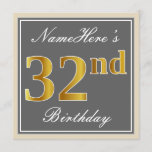 [ Thumbnail: Elegant, Gray, Faux Gold 32nd Birthday + Name Invitation ]