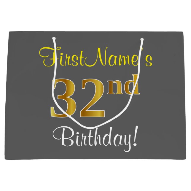 Elegant, Gray, Faux Gold 32nd Birthday + Name Large Gift Bag (Front)