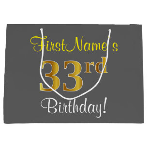 Elegant, Gray, Faux Gold 33rd Birthday + Name Large Gift Bag