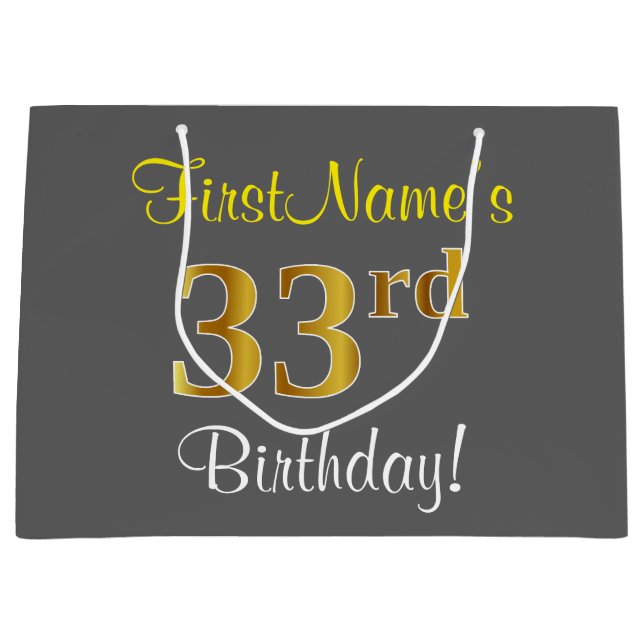 Elegant, Gray, Faux Gold 33rd Birthday + Name Large Gift Bag (Front)