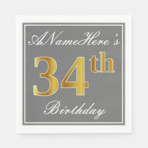 Elegant Gray, Faux Gold 34th Birthday; Custom Name Napkins