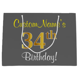 Elegant, Gray, Faux Gold 34th Birthday + Name Large Gift Bag