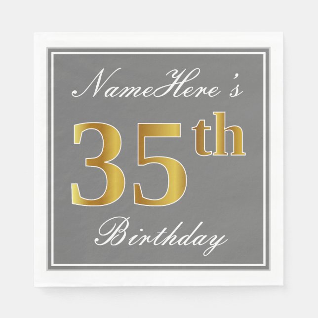 Elegant Gray, Faux Gold 35th Birthday; Custom Name Napkins (Front)