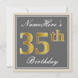 [ Thumbnail: Elegant, Gray, Faux Gold 35th Birthday + Name Invitation ]