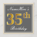 [ Thumbnail: Elegant, Gray, Faux Gold 35th Birthday + Name Invitation ]