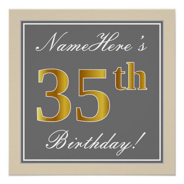 Elegant, Gray, Faux Gold 35th Birthday + Name Poster (Front)