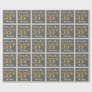 Elegant, Gray, Faux Gold 35th Birthday + Name Wrapping Paper