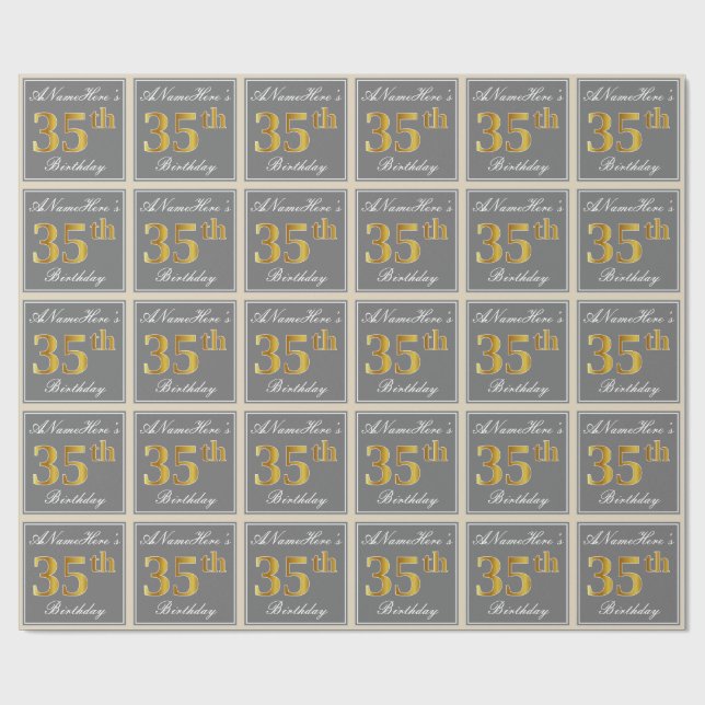 Elegant, Gray, Faux Gold 35th Birthday + Name Wrapping Paper (Flat)
