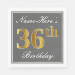[ Thumbnail: Elegant Gray, Faux Gold 36th Birthday; Custom Name Napkin ]
