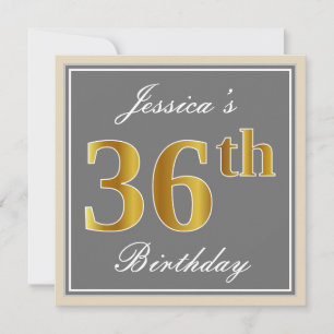 Elegant, Gray, Faux Gold 36th Birthday + Name Invitation