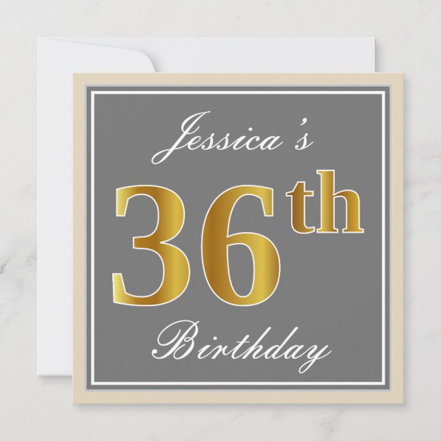 Elegant, Gray, Faux Gold 36th Birthday + Name Invitation (Front)