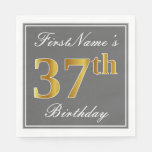 [ Thumbnail: Elegant Gray, Faux Gold 37th Birthday; Custom Name Napkins ]