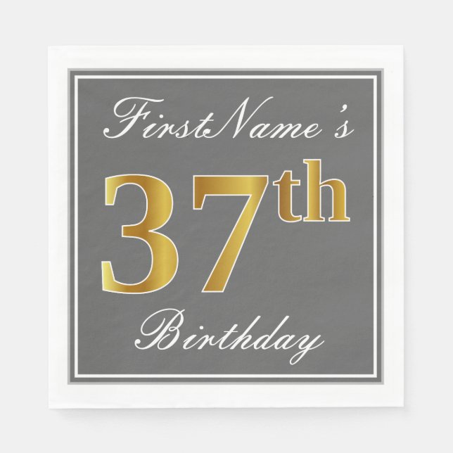 Elegant Gray, Faux Gold 37th Birthday; Custom Name Napkins (Front)