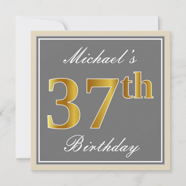 Elegant, Gray, Faux Gold 37th Birthday + Name Invitation (Front)