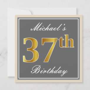 Elegant, Gray, Faux Gold 37th Birthday + Name Invitation