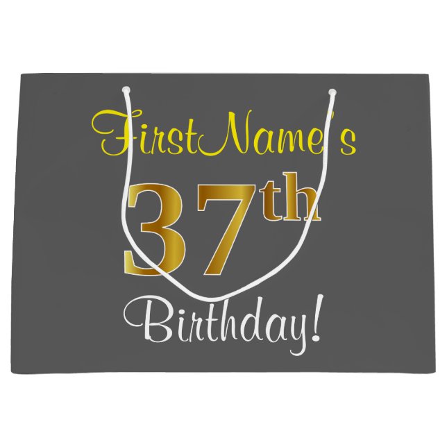 Elegant, Gray, Faux Gold 37th Birthday + Name Large Gift Bag (Front)