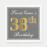 [ Thumbnail: Elegant Gray, Faux Gold 38th Birthday; Custom Name Napkins ]
