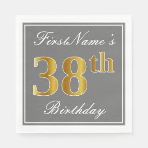 Elegant Gray, Faux Gold 38th Birthday; Custom Name Napkins