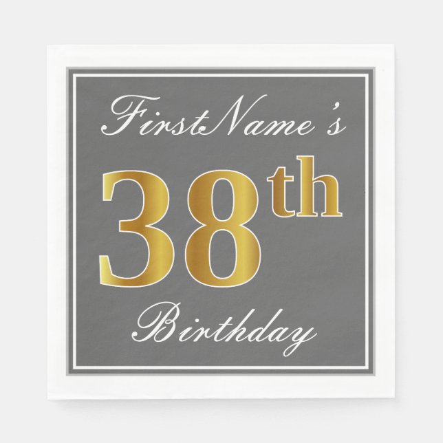 Elegant Gray, Faux Gold 38th Birthday; Custom Name Napkins (Front)