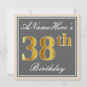 Elegant, Gray, Faux Gold 38th Birthday + Name Invitation