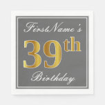 [ Thumbnail: Elegant Gray, Faux Gold 39th Birthday; Custom Name Napkins ]