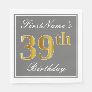 Elegant Gray, Faux Gold 39th Birthday; Custom Name Napkins
