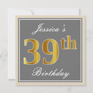 Elegant, Gray, Faux Gold 39th Birthday + Name Invitation