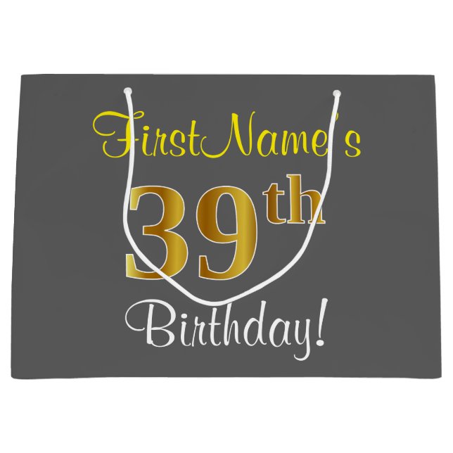 Elegant, Gray, Faux Gold 39th Birthday + Name Large Gift Bag (Front)
