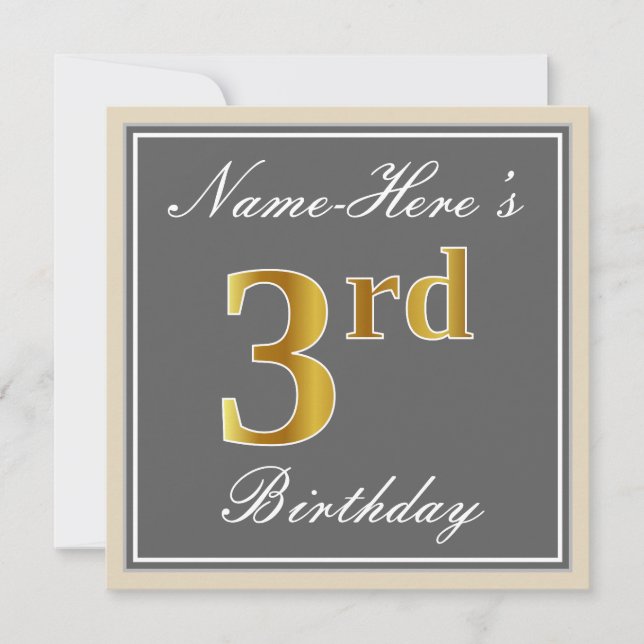 Elegant, Gray, Faux Gold 3rd Birthday; Custom Name Invitation (Front)