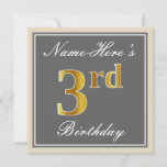 [ Thumbnail: Elegant, Gray, Faux Gold 3rd Birthday; Custom Name Invitation ]