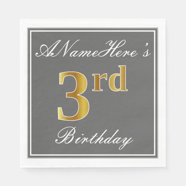 Elegant Gray, Faux Gold 3rd Birthday + Custom Name Napkins (Front)