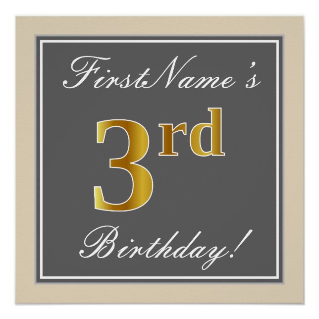 Elegant, Gray, Faux Gold 3rd Birthday; Custom Name Poster (Front)