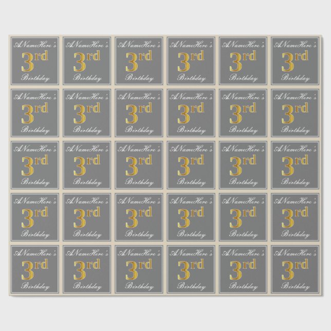 Elegant, Gray, Faux Gold 3rd Birthday; Custom Name Wrapping Paper (Flat)